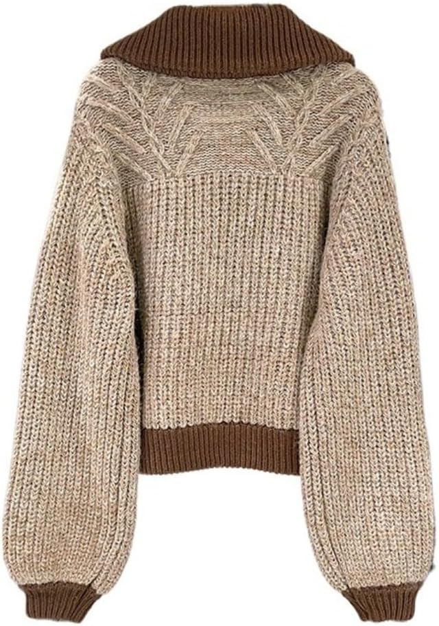 Women Brown Puff Long Sleeve Ribbed Collar Zipper Fitted Waist Cardigan Sweaters