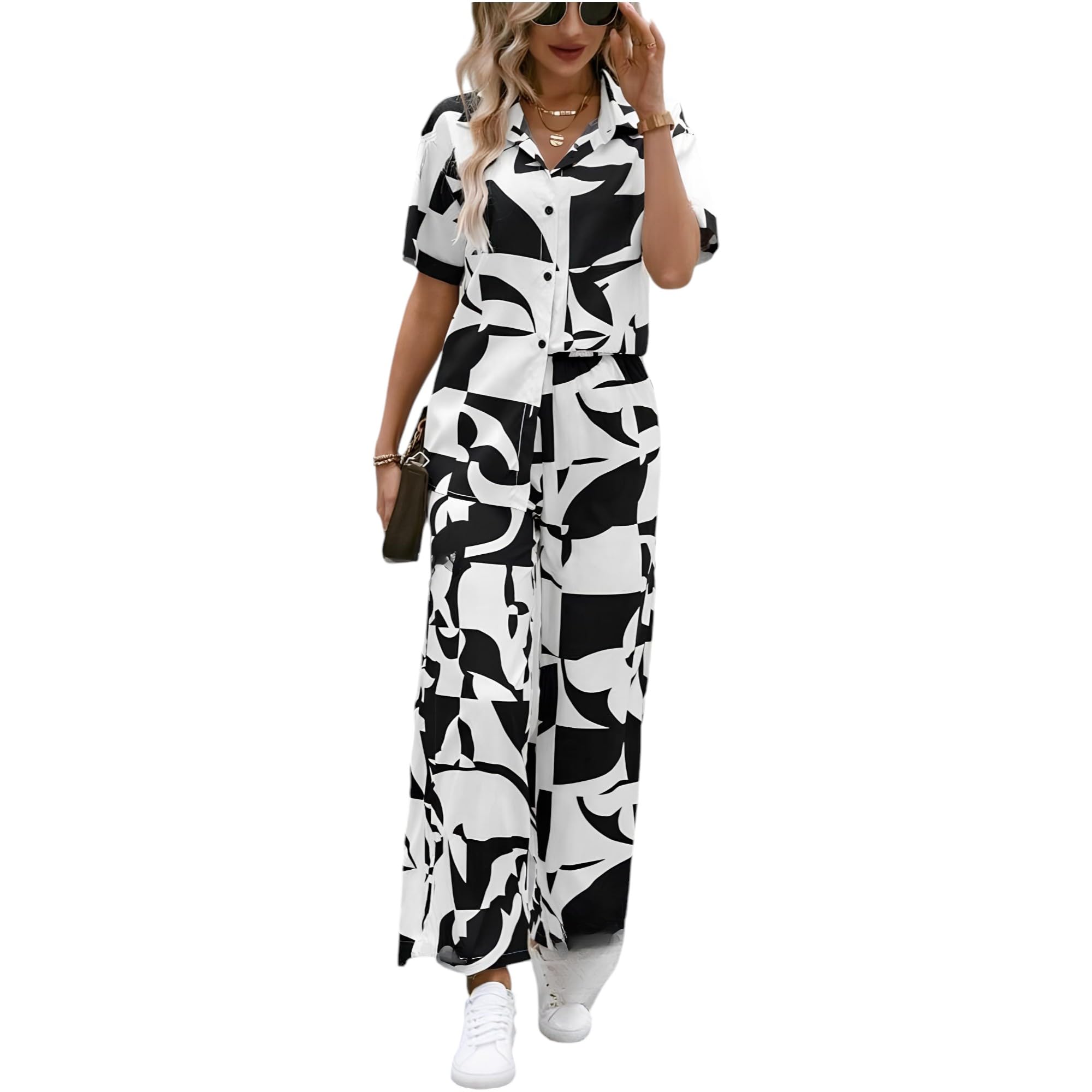 Women's Geometric Print Co-ords Set - Short Sleeve Open Collar Shirt and Wide-Leg Pants Ensemble