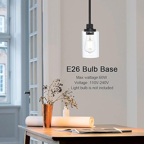 Miniatura 3 de Lámparas colgantes industriales negras, iluminación colgante de cocina con pantalla cilíndrica de vidrio transparente para granja, comedor,