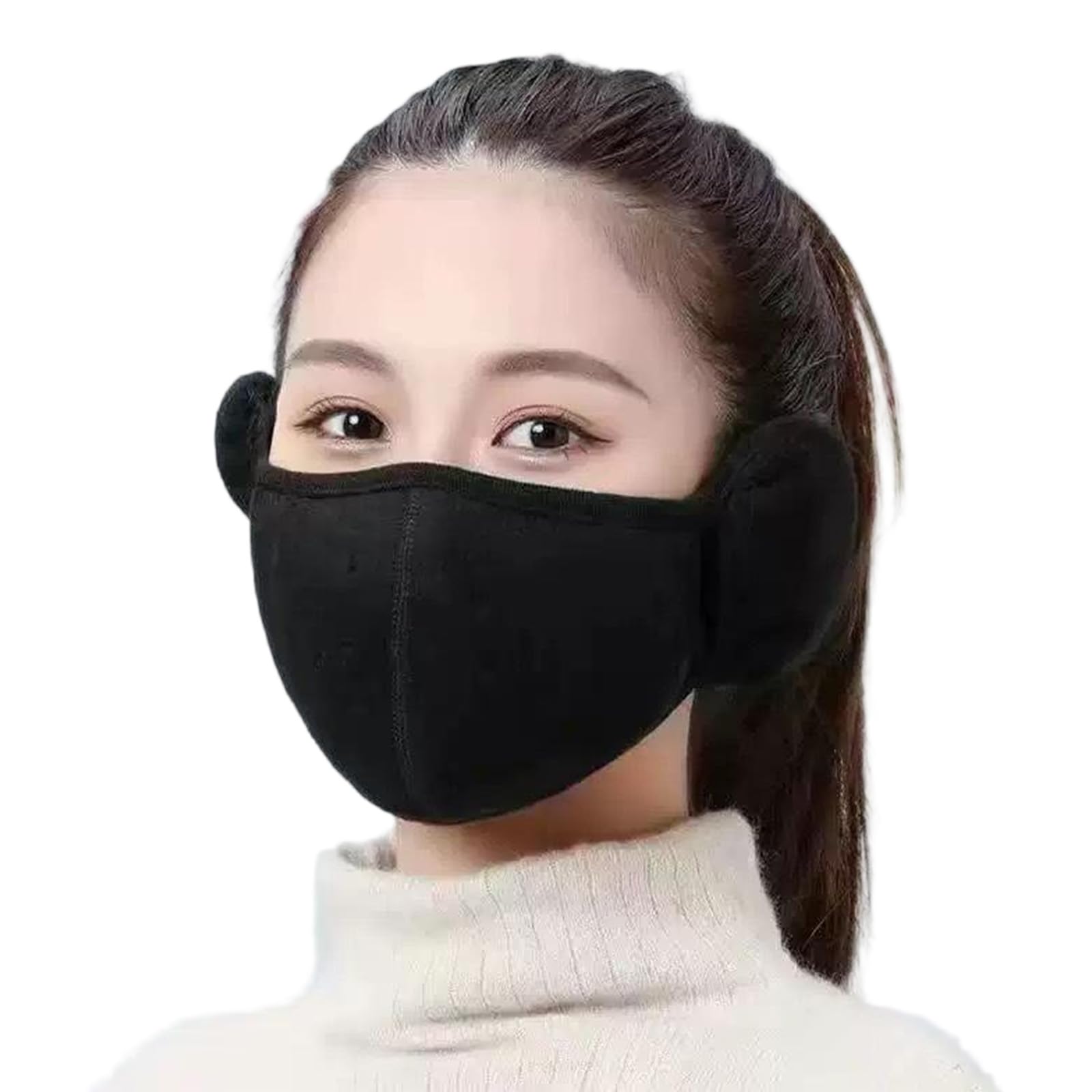 Xkrmp Women's Black ​Winter Face Mask With Earmuffs For - Warm Windproof Earmuffs Mask, Windproof, Breathable, Half Face Earflaps (Black)