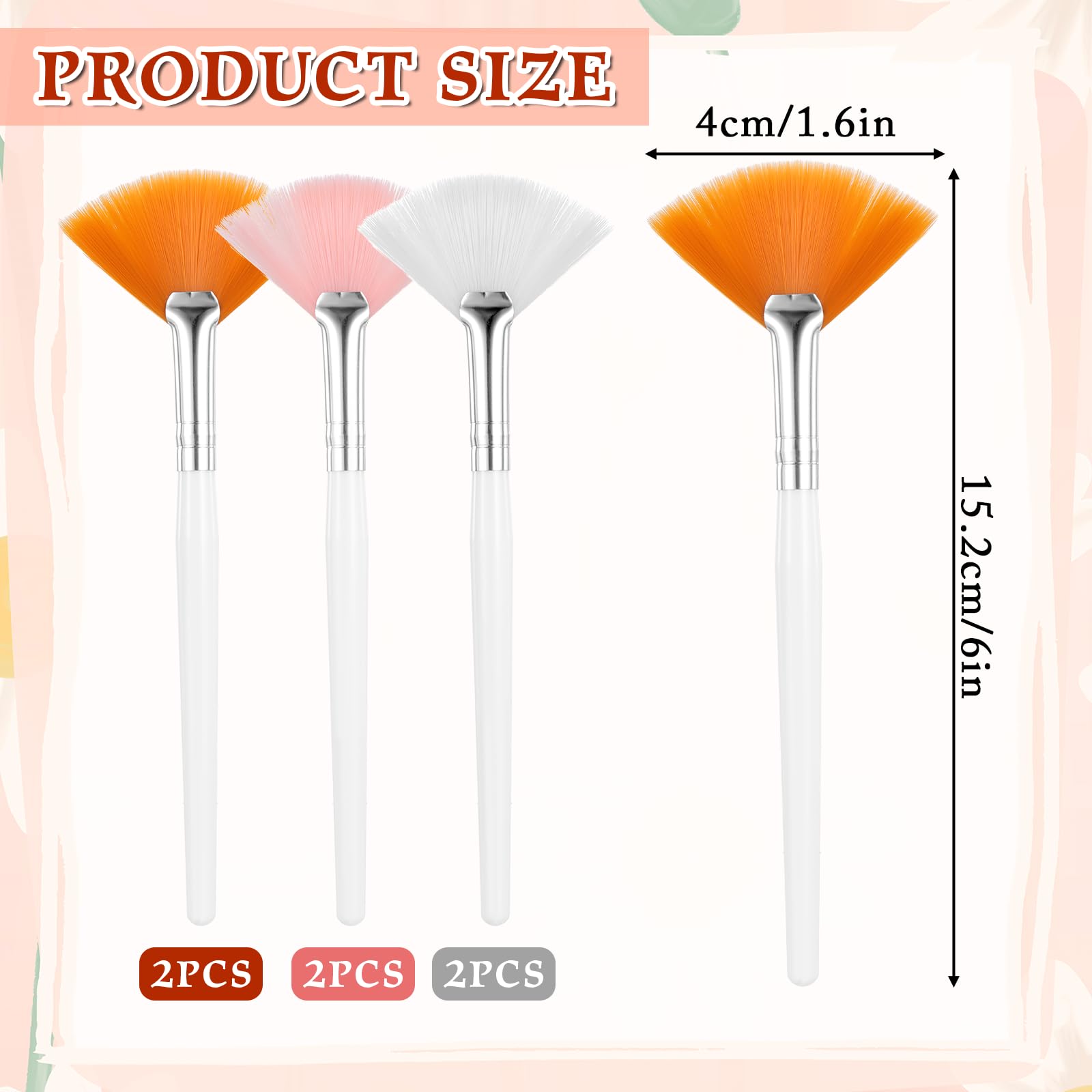 BOHUIZ 6 Pcs Fan Brushes for Facial, Slim Soft Facial Fan Brush Soft Makeup Brushes Face Mask Applicator for Glycolic Peel Masques Women Mud Clay Mask Esthetician Supplies(Pink, White, Yellow)