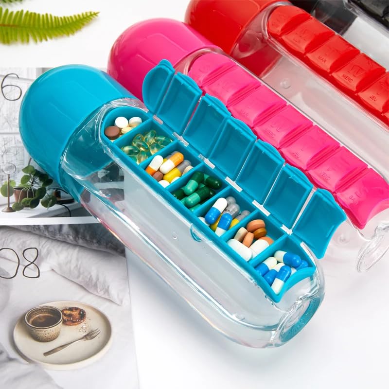 VIVITO 2-in-1 Pill Bottle and Water Bottle Organizer for Daily Medication Hydration - Pill Storage, Sports Water Bottle with Pill Box Organizer 7 Days Planner Box Pill Organizer 600ml (Blue)