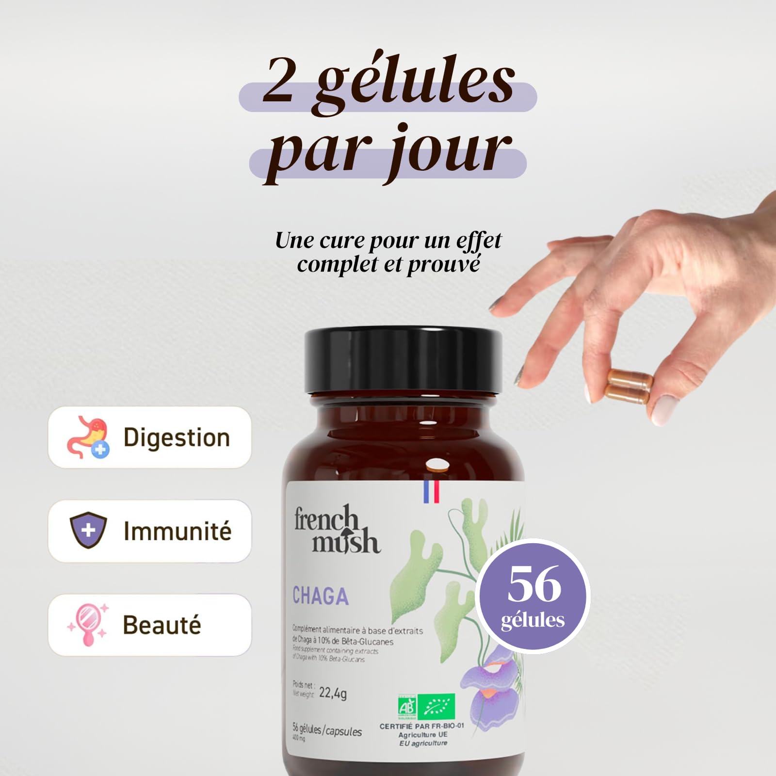 French Mush - Chaga Bio Gélules 8000 mg - Super Aliment Antioxydant - 56 Gélules Vegan - Chaga Mushroom Complex Riche en Vitamines B, D et K - Testé en Laboratoire - Fabriqué en France