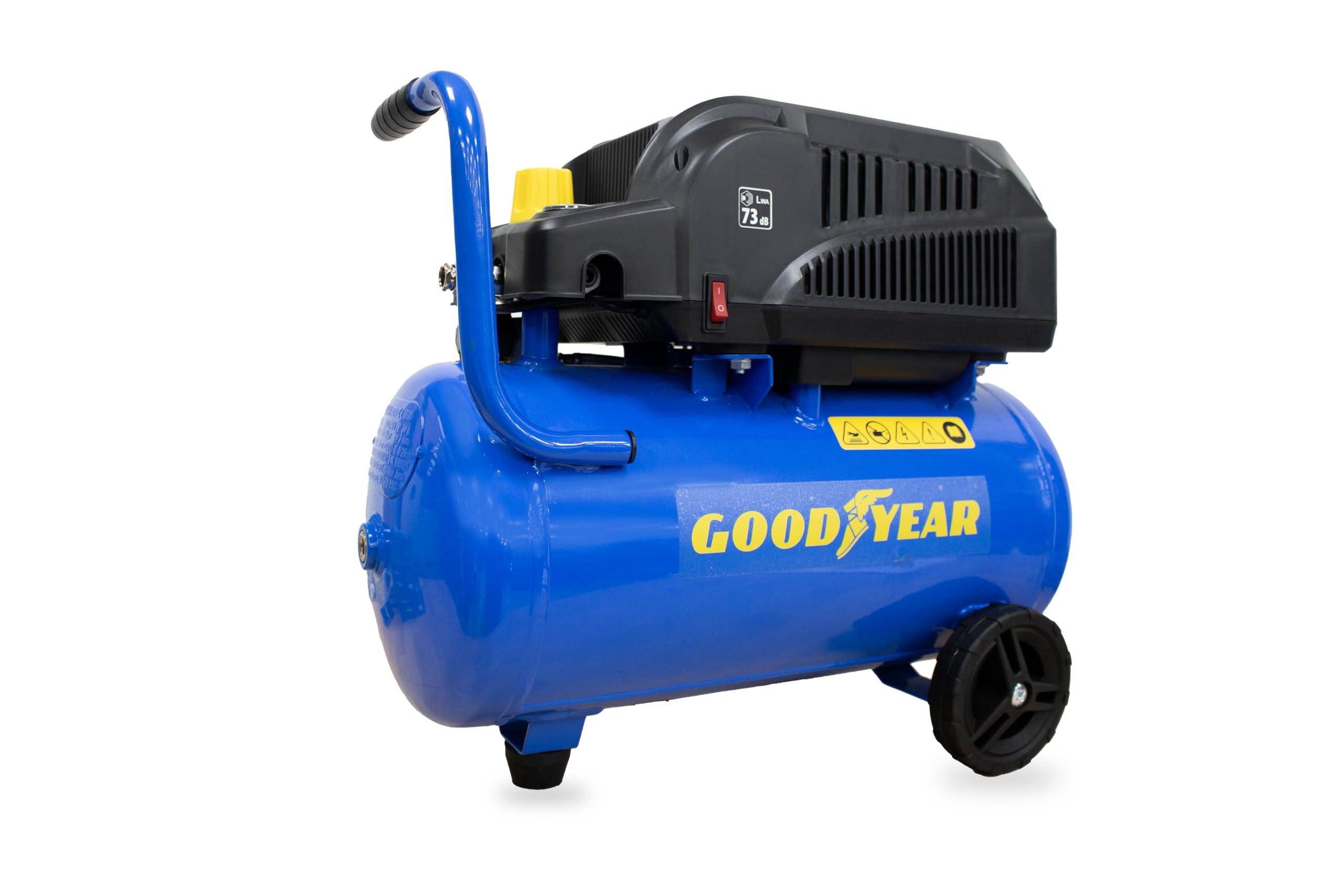 Goodyear - Compresseur sans huile 24 litres 220 V - 240 V. Capacité d'aspiration 140 litres/minute. 2 800 tr/min. Pression nominale 8 bars. Filtre en plastique à faible bruit. Bruit moyen de 79 dB