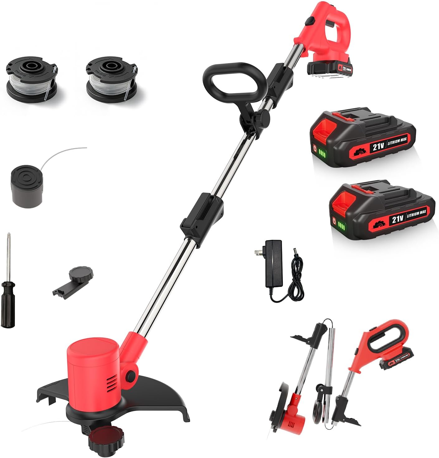 Electric Weed Eater with Auto Line Feed, Battery Powered Cordless String Trimmer, Weed Trimmer with 2 x Replacement Line, Weed Wacker with 2 x 2.0Ah Battery and Fast Charger