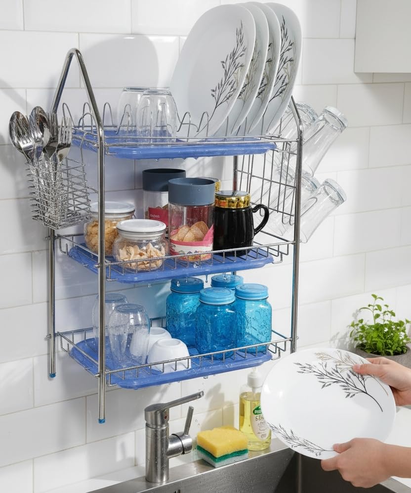 Image of AMOL Stainless Steel Kitchen Dish Rack | Rust-Resistant Utensil Stand with Glass & Spoon Holder | Wall Mountable Modular Kitchen Organizer (Made in India) (Height- 25 Inces)