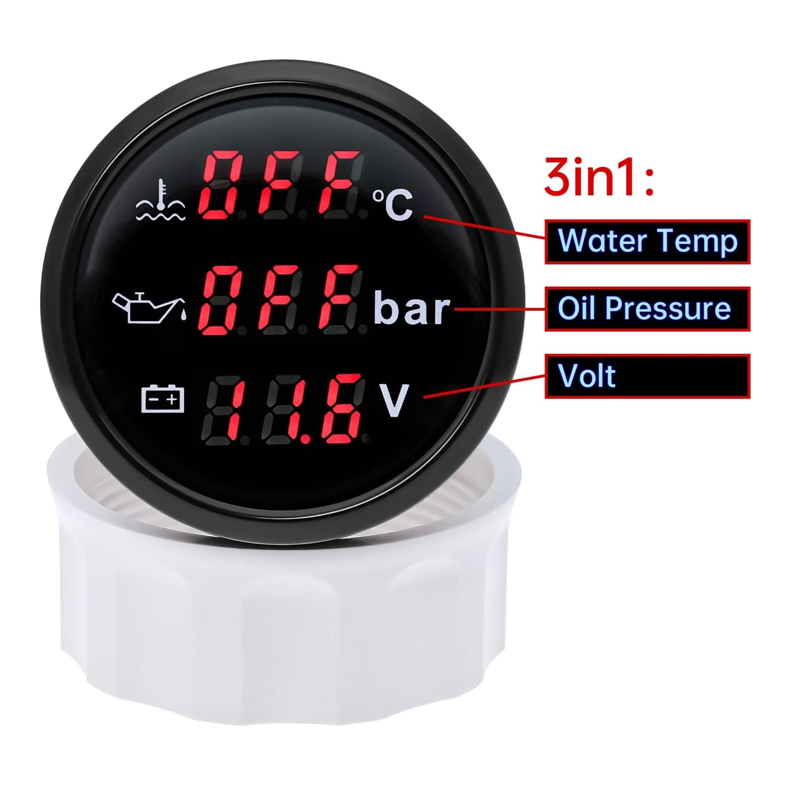 3 IN 1 Auto-Digitalanzeige, 52 mm Öldruck + Drehzahlmesser + Wassertemperaturanzeige mit Alarmtemperatursensor NPT 1/8 U/min-Sensoren Klare Messwerte(Black)