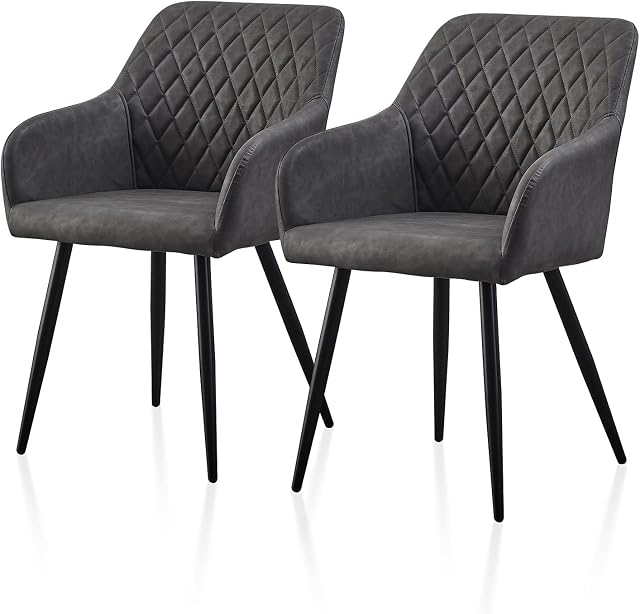 TUKAILAi 2PCS Dining Chairs Leisure Faux Leather Kitchen Chairs with Upholstered Padded Seat, Arms, Backrest, Lounge Armchairs Living Dining Room Bedroom Reception Furniture Diamond Design Light Grey