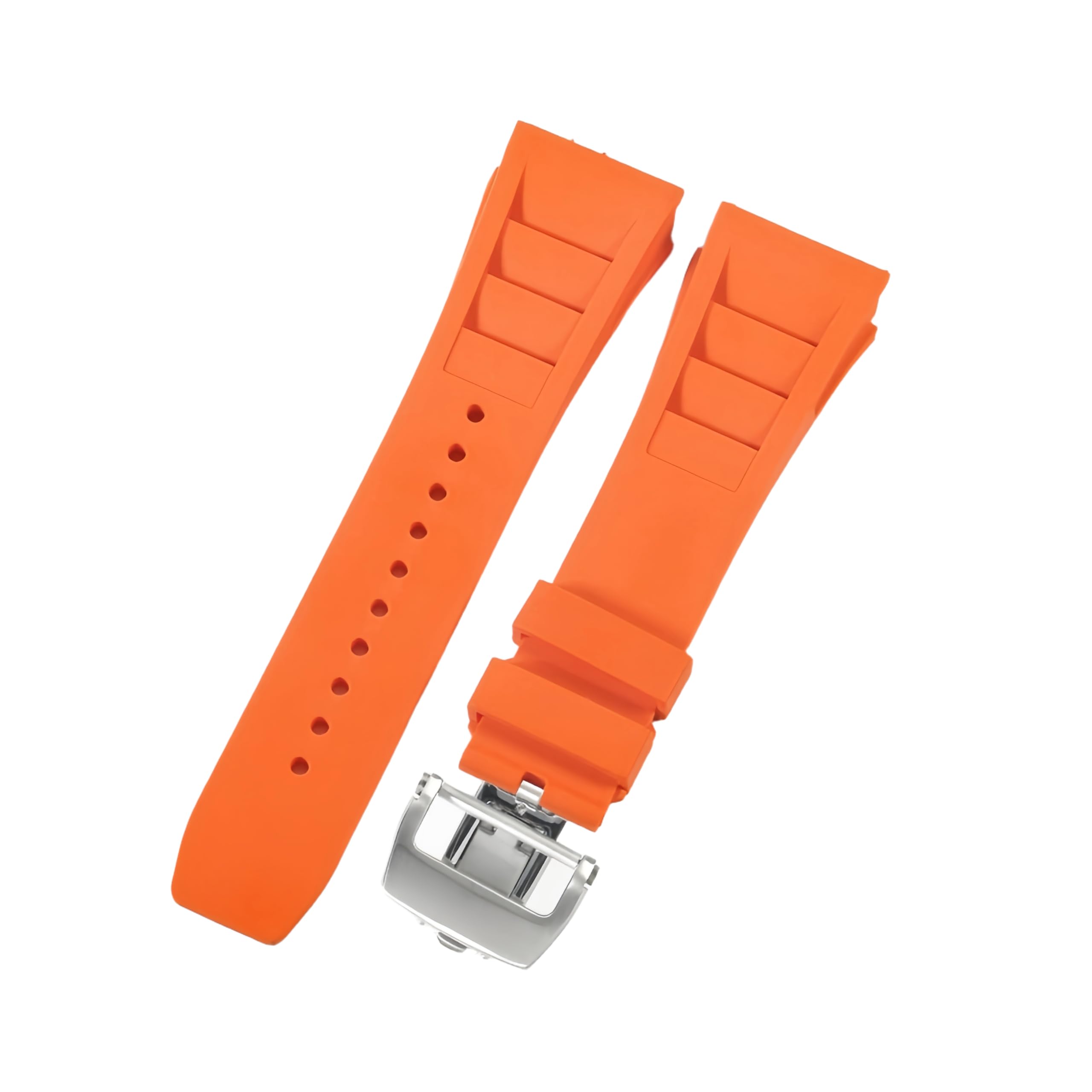 ROUHO 25mm Silicone Watch Strap with Deployment Clasp Convex Lug Rubber Replacement Band for Richard Mille RM 055/011-Orange + Silver