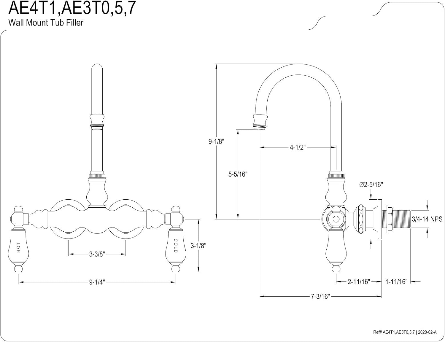 Kingston Brass AE4T1 Aqua Vintage 3-3/8 Inch Wall Mount Tub Faucet, Polished Chrome