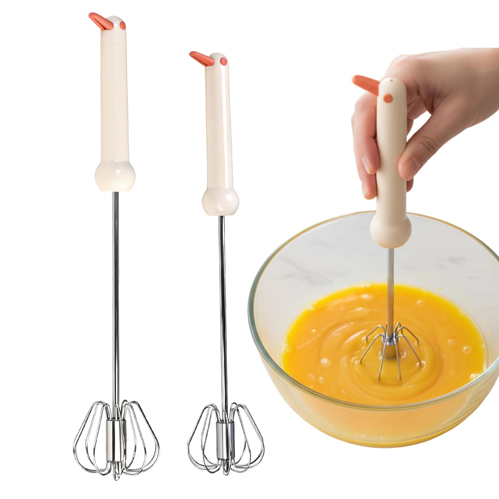 2 Pcs Semi-Automatic Stainless Steel Hand Whisk, Durable Egg Whisk for Kitchen Baking Tools, Push Rotating Mixer for Whisking, Beating, and Stirring