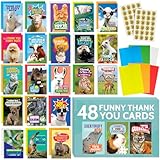 T MARIE 48 Funny Thank You Cards with Colorful Envelopes and Gold Stickers - Bulk 4x6” Boxed Set for Employee Appreciation Cards, Kids, Friends, Staff and Customers - Cute Animal Designs