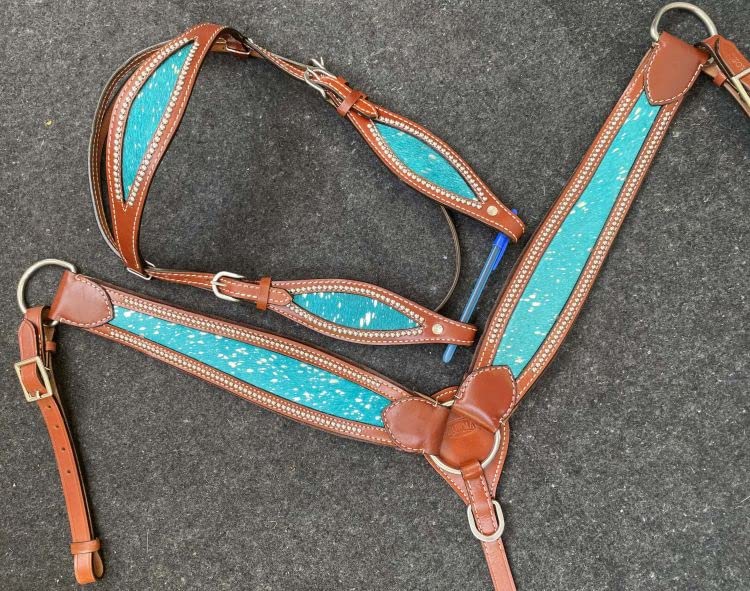 Showman Teal Acid Wash Cowhide Inlay One Ear Headstall and Breast Collar Set