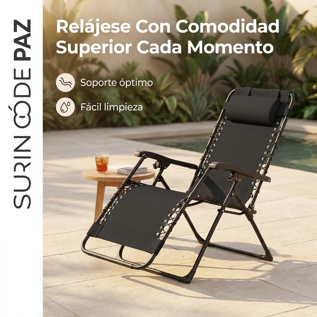 Tumbona Plegable para Exterior | Reposapiés y Cojín Ajustable | Silla Reclinable Bandeja Lateral para Bebidas, Móvil y Libros | para Terraza, Camping, Playa, Piscina (Negro)