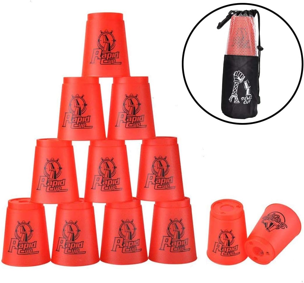 DEWEL Stacking Cup Game with 15 Stack Ways, 12pcs Cup Stacking Set, Sport Stacking Cups BPA-Free Material, Classic Family Game, Great Gift Idea for Stack Games Lover. (Red)