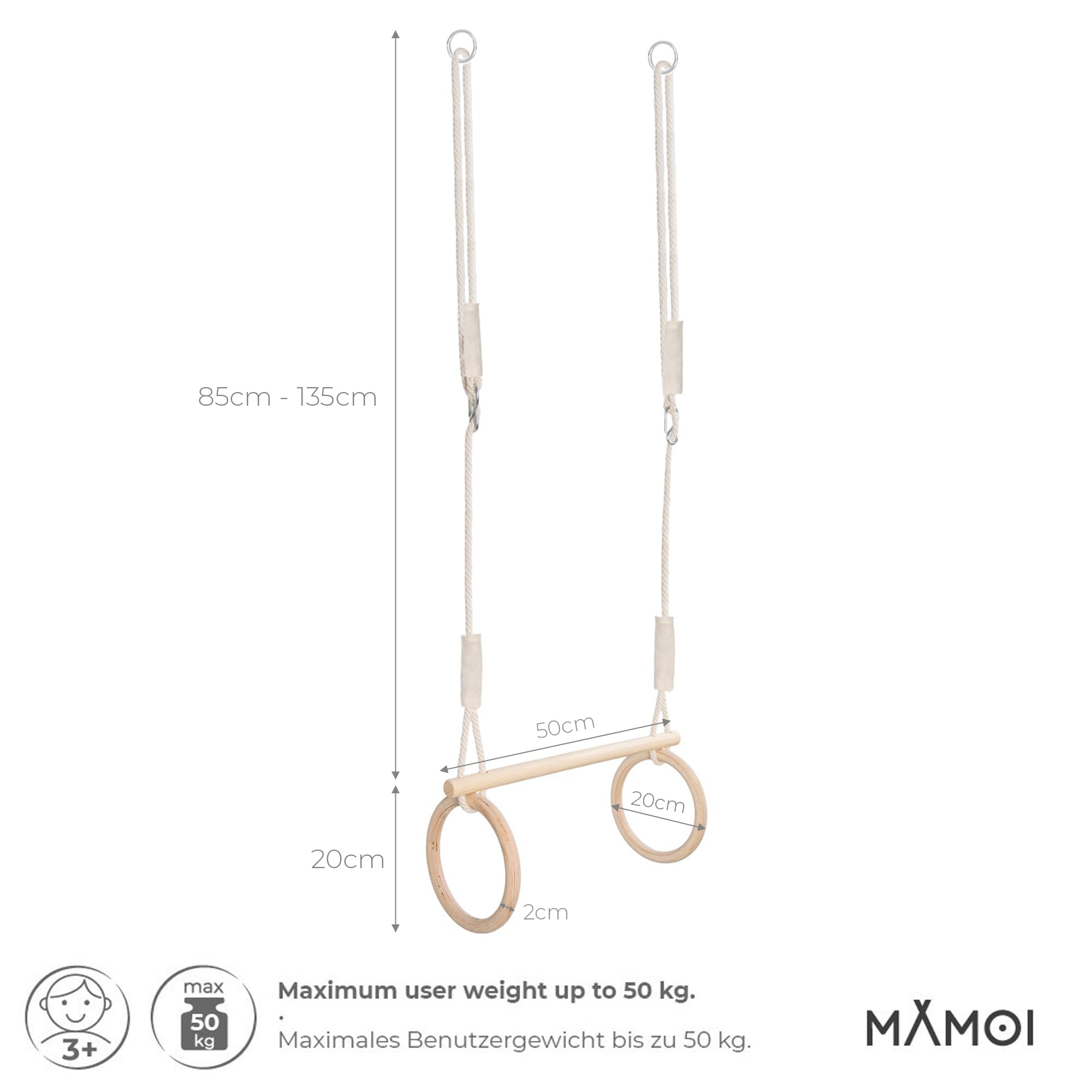 MAMOI® Trapecio Circo Columpio Madera | Parque Infantil Columpio | Asiento Columpio | Anillas de Gimnasia Madera | Parque de Juegos Infantil | Barras Gimnasia artistica en casa | 100% ecológica
