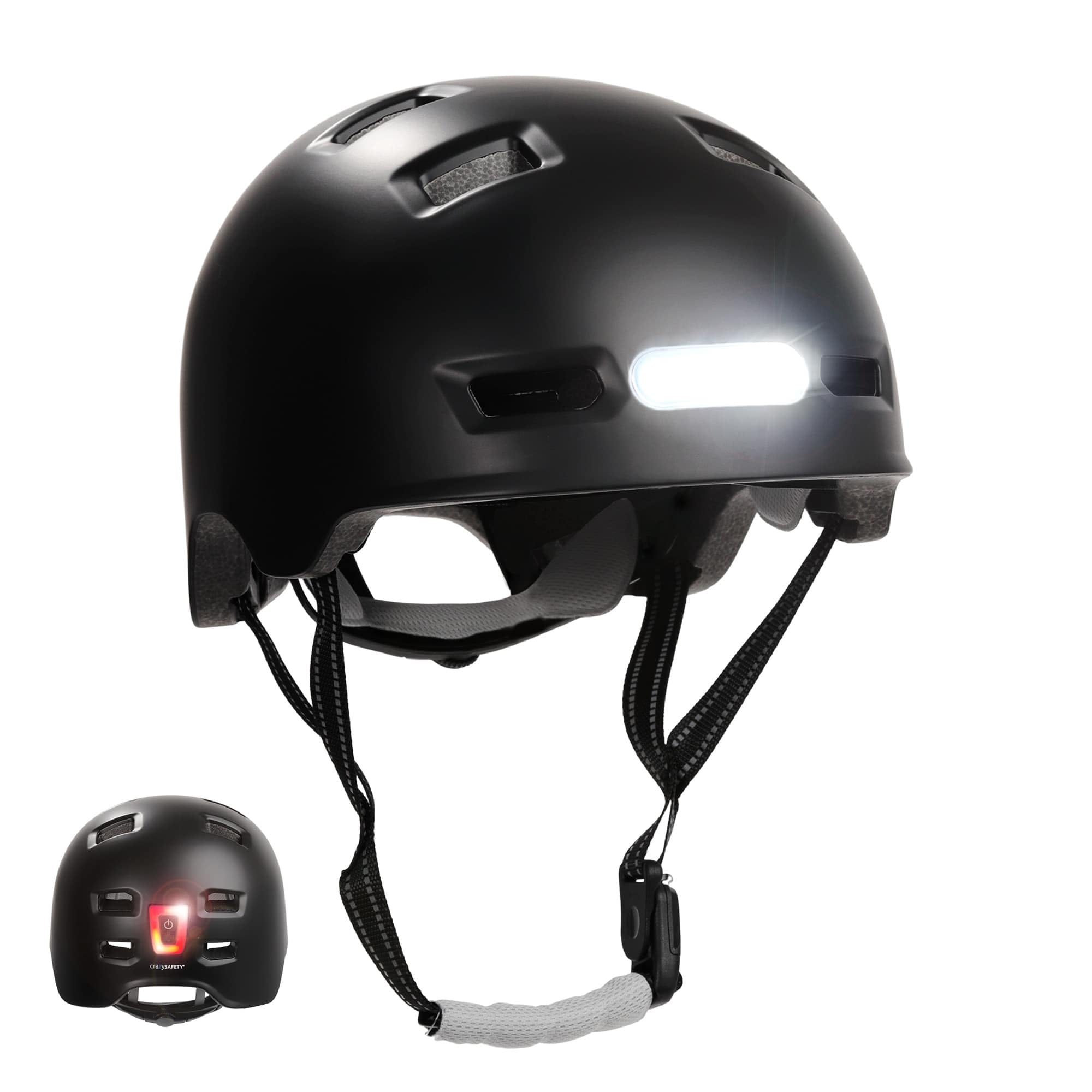 Crazy Safety Vertigo Casco da Città Nero per Bici con Luce USB Anteriore e Posteriore | Casco da Bici, Skateboard, Pattini, BMX | Casco da Monopattino per Uomo e Donna | M 54-57 cm