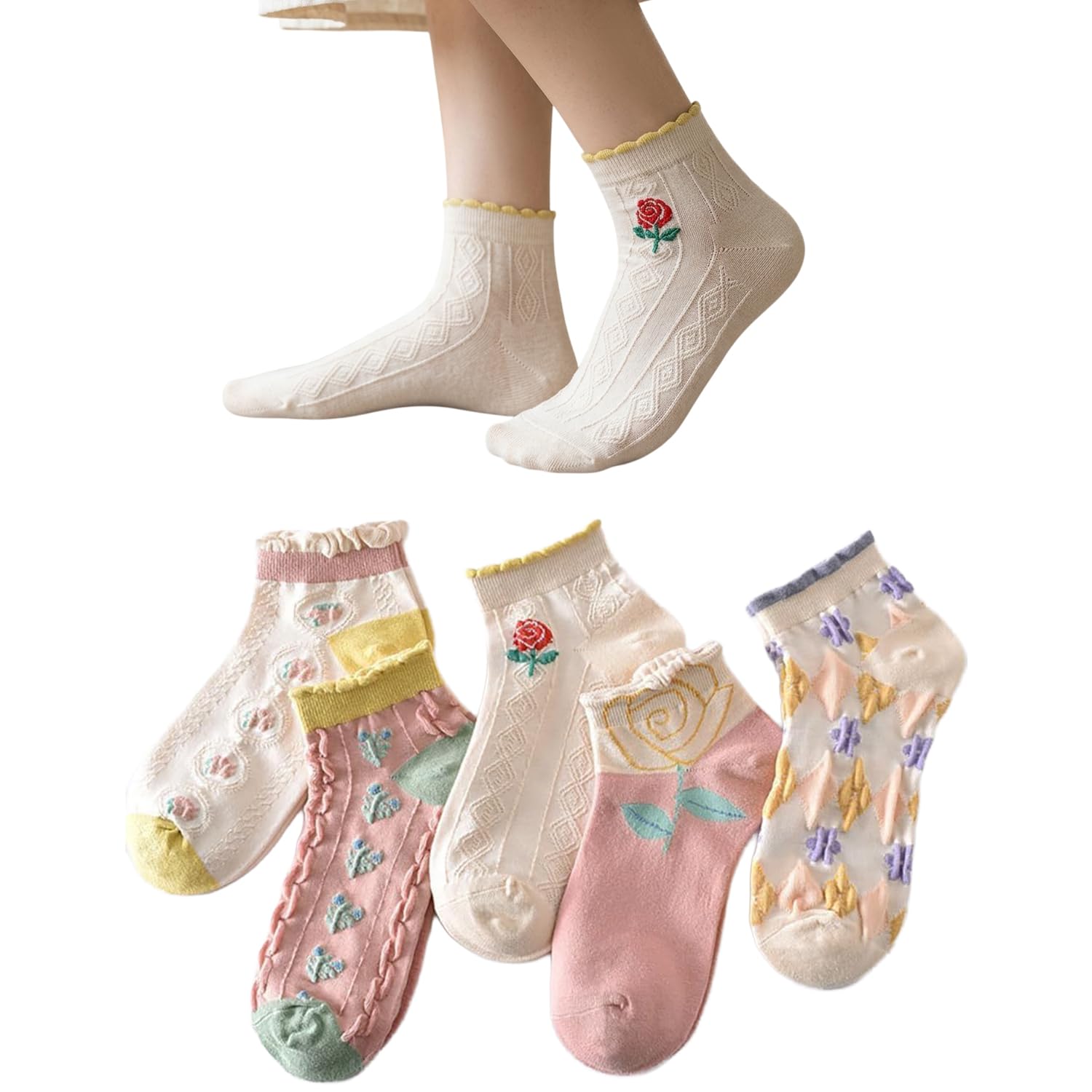 Women’s Ankle Socks, Floral Embroidered Cotton Blend, Soft Breathable Low Cut Socks, 5 Pairs