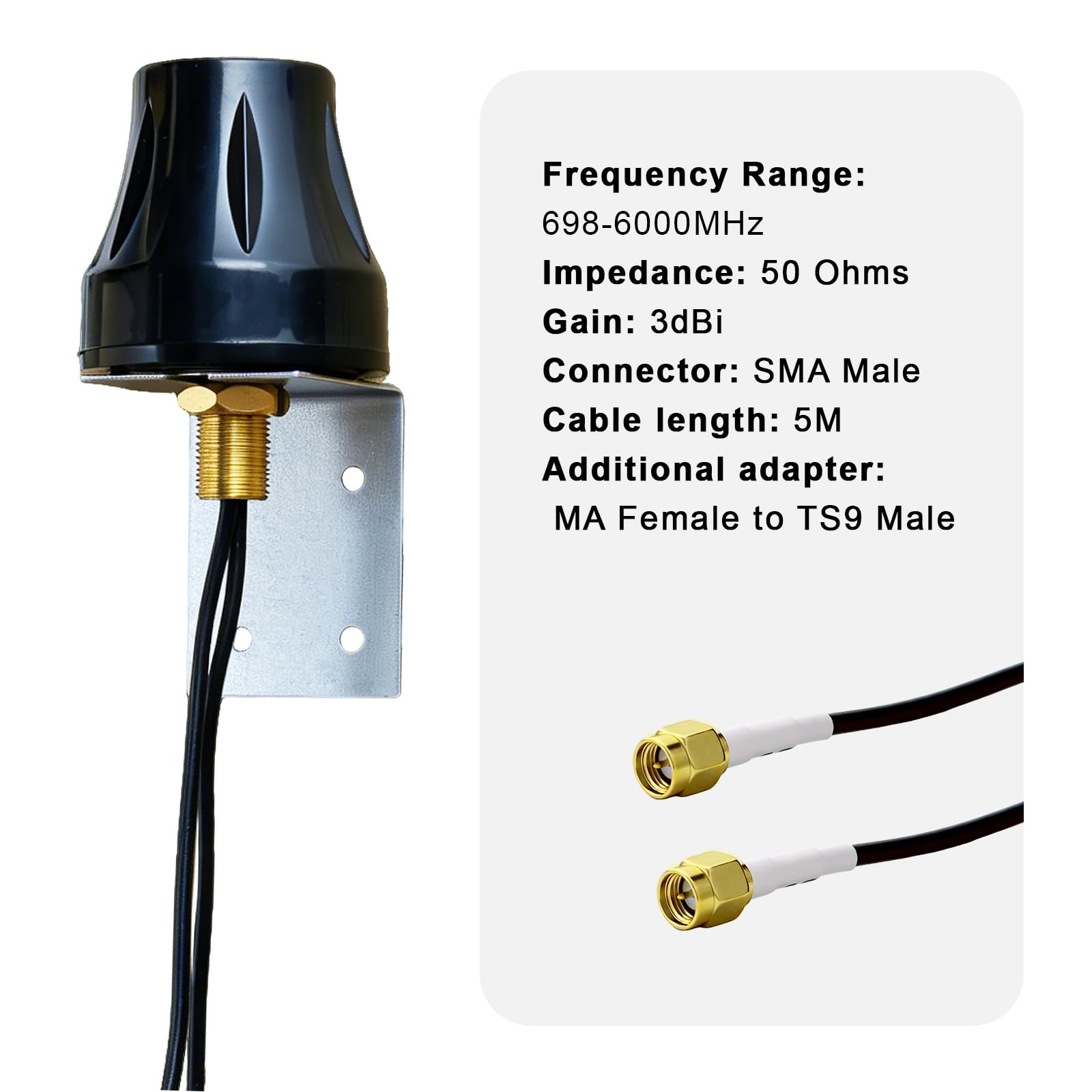 Antenna Esterna 2x2 MIMO 5G LTE 600-6000 MHz Compatta Omnidirezionale ad Alto Guadagno con Cavo equivalente lmr100 Connettori SMA Maschio e 2 Adattatori TS9 per Router 5G/4G Hotspot Netgear