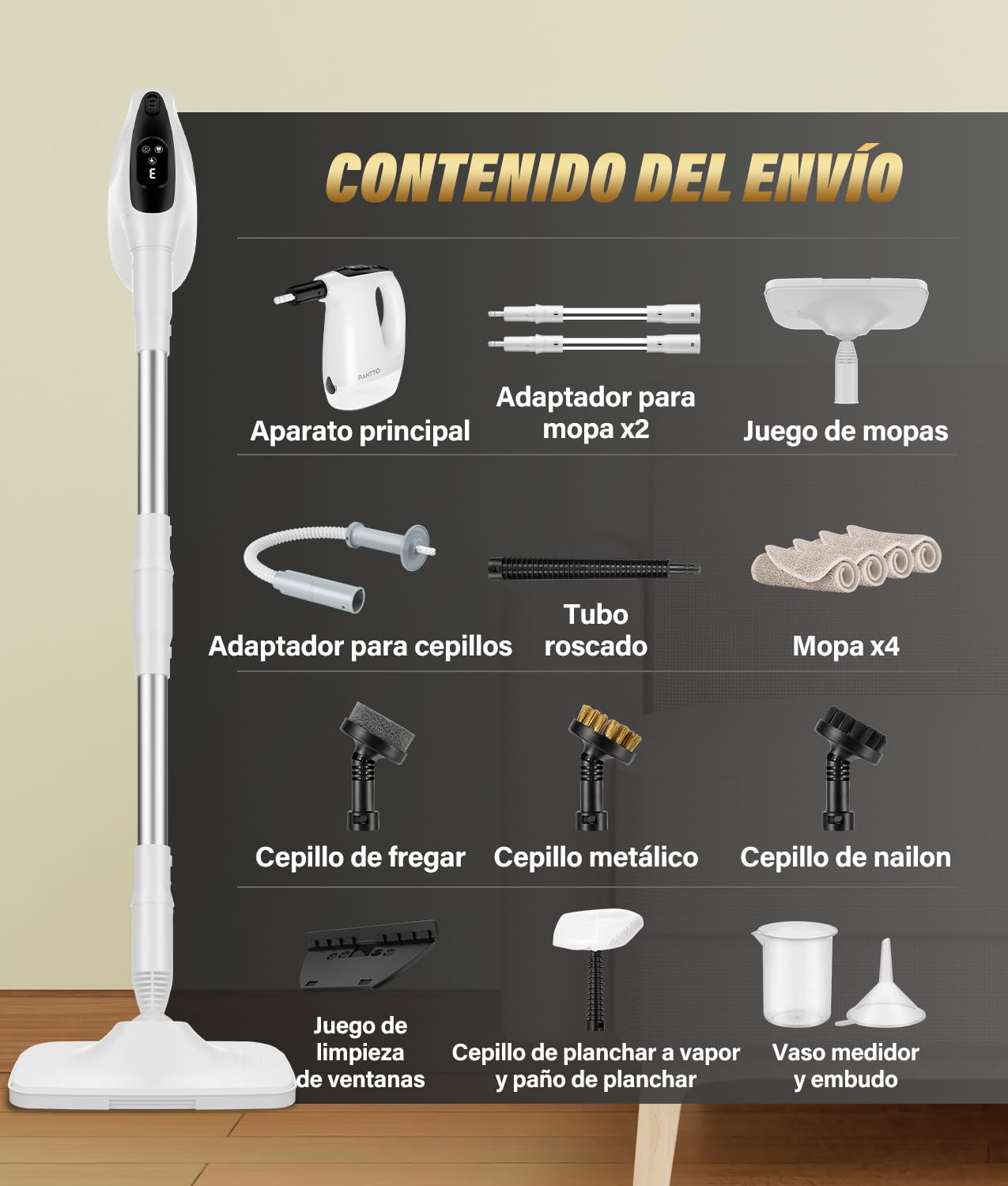PAHTTO Limpiador a vapor con unidad de mano extraíble, 17 accesorios y depósito de agua de 500 ml, tiempo de calentamiento de 15 segundos, potencia de vapor regulable, para suelos, cocina y baño