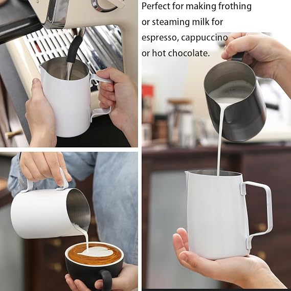 14 oz(450 ml) Stainless Steel Espresso Steaming Pitchers Milk Frothing Pitcher with Latte Art Pen, Cocoa Powder Shaker, Coffee Stencils Coffee Art Tool Kit, Black