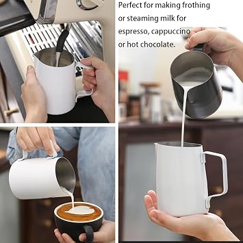 14 oz(450 ml) Stainless Steel Espresso Steaming Pitchers Milk Frothing Pitcher with Latte Art Pen, Cocoa Powder Shaker, Coffee Stencils Coffee Art Tool Kit, Black
