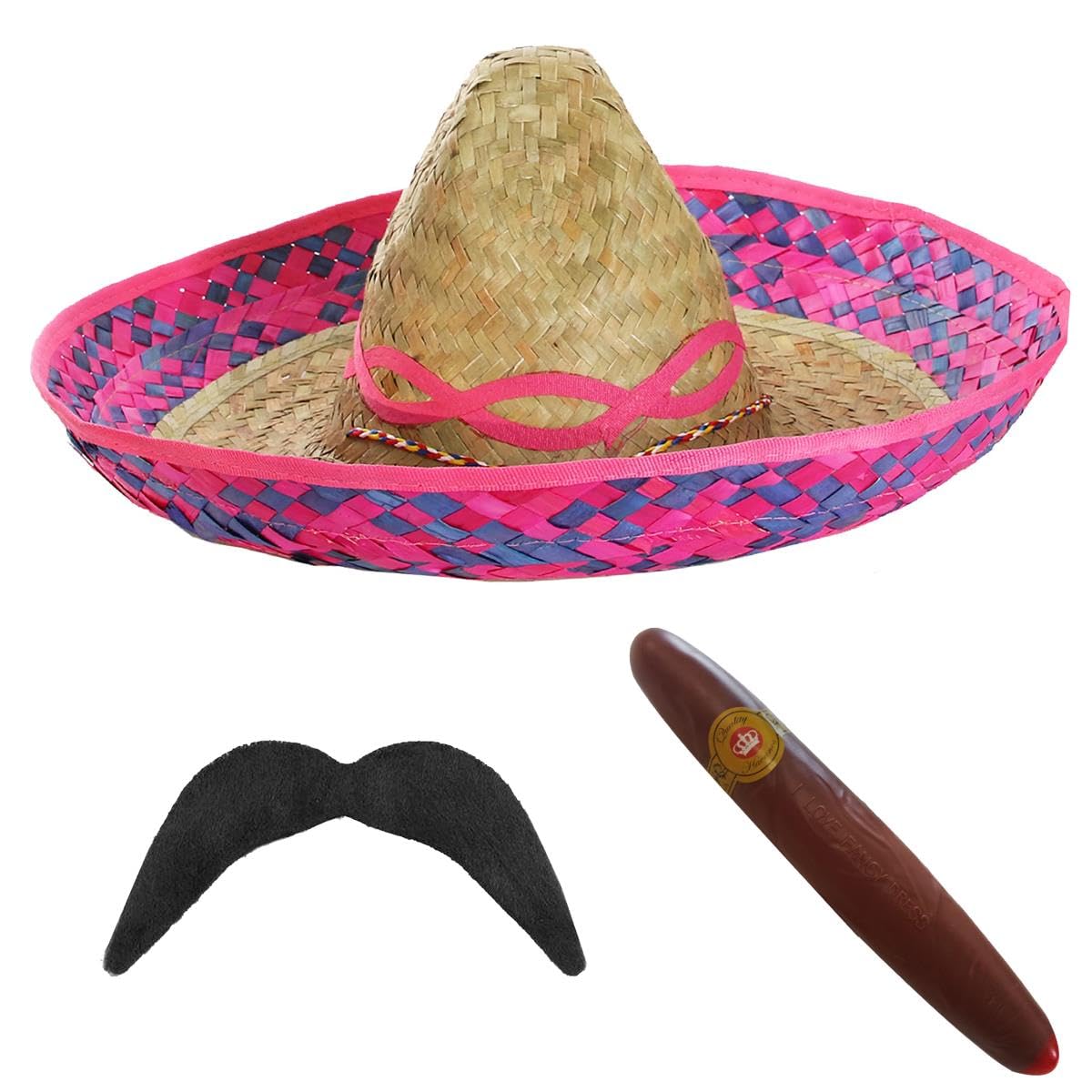 Mexican Sombrero and Tash Costume Set - Pack of 48 - Pink Straw Hat, Fake Cigar and Stick-On Moustache - Mexico Party Fancy Dress Accessory