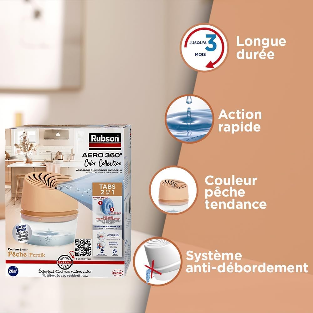 Rubson - Absorbeur d'Humidité Aero 360° Couleur Pêche (1 appareil + 1 recharge de 450 g) - Absorbeur anti-humidité pour pièce jusqu'à 20 m² - Déshumidificateur d'air anti-odeur et anti-moisissure
