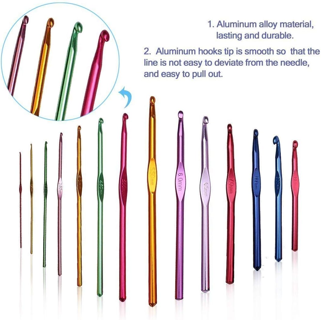 M Fabrics 12 Multicolor Aluminum Crochet Hook Knitting Needle Set for Sewing Craft Yarn Sweater Woolen Cloth (Size from 2.0mm to 8.0mm) - Set of 12pcs (MULTOCOLR Aluminium)