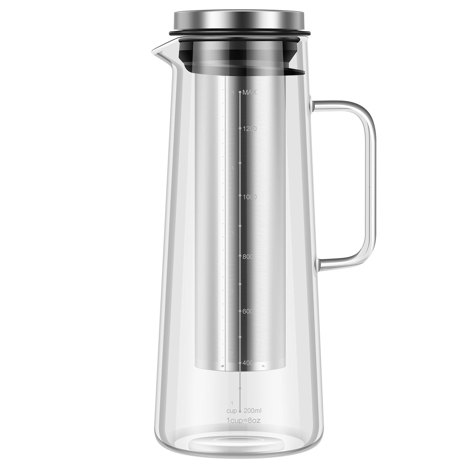 Hzuizxyo Transparent Cold Brew Coffee Maker With Silicone Mesh Filter 1.4L/48Oz Thick Glass Cold Brew Coffee Pitcher With Stainless Steel And Airtight Lid For Home Kitchen Cafe