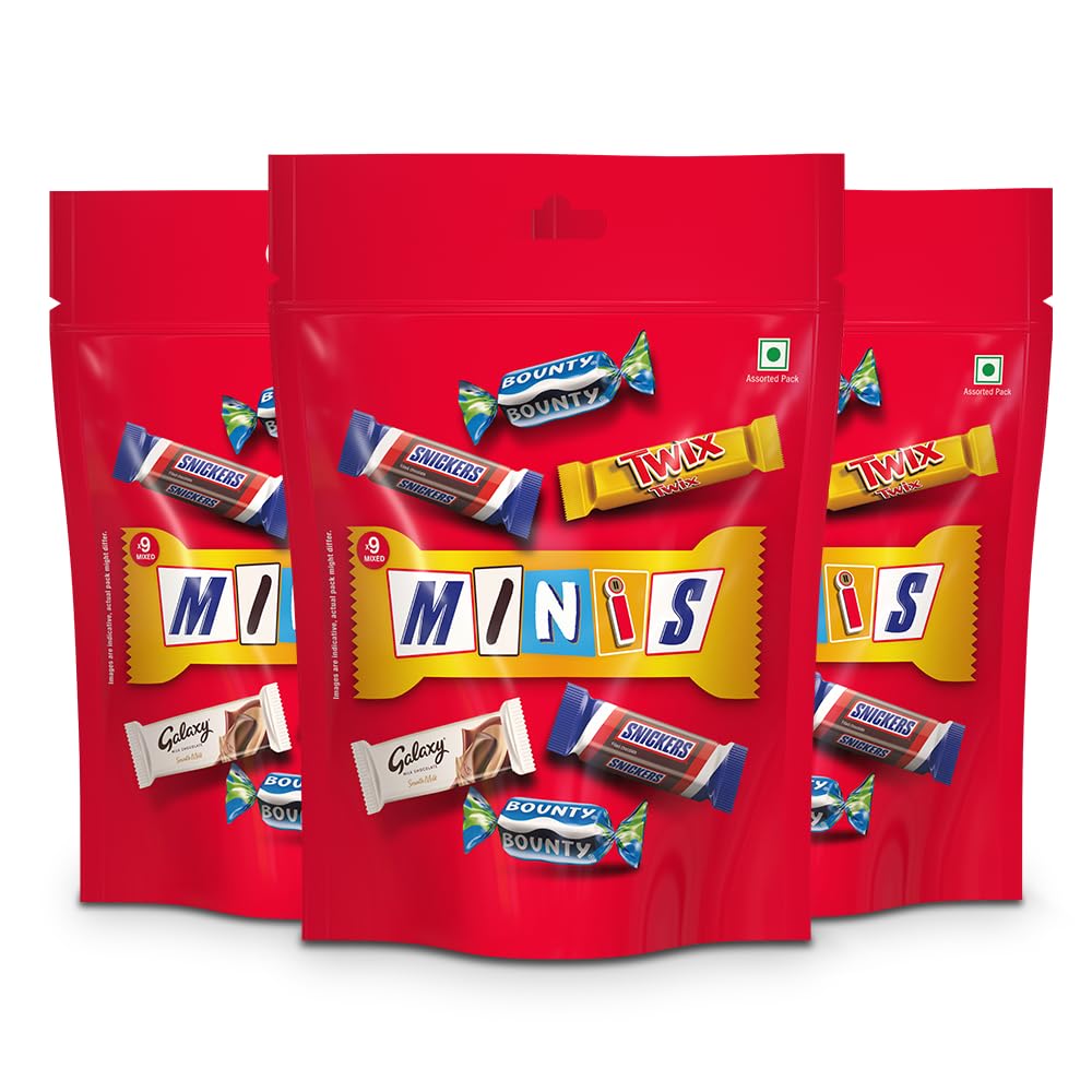 Snickers Mixed Minis Assorted Chocolates Pack | Best of Minis Chocolates | Snickers Miniature | Twix Miniature | Galaxy Smooth Milk Miniature | Bounty Miniature | Premium Chocolates for Sharing | 128g | Pack of 3