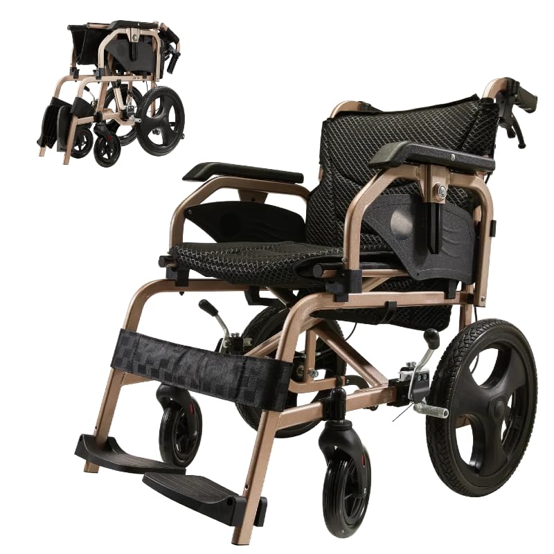 Foldable Lightweight Wheelchair for Adults - 27 lbs Portable Wheelchair with Double Hand Brakes, Reversible Adjustable Armrests & 15" Airless Tires - Champagne Gold