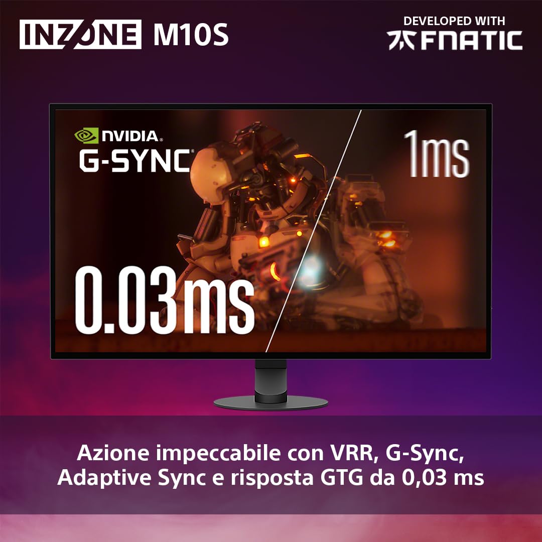 PC Gaming Monitor Sony INZONE M10S OLED QHD da 27": 1440p, 480 Hz, 0,03 ms GTG, DCI-P3 98,5%, G-Sync, Adaptive Sync, VRR, modello sviluppato con Fnatic, 1300 nit, DisplayPort 2.1-2 x HDMI 2.1- PC, PS5