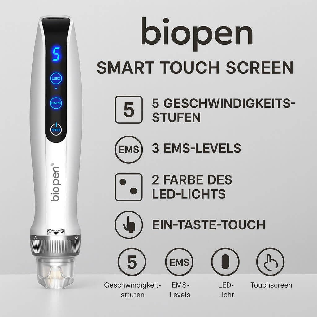 Bio Pen Q2 Beauty Pen Set mit 12 Ersatzkartuschen (5x14 Pin & 7x25 Pin), kabellos, LED Display, 5 Stufen, wiederaufladbar, kosmetisches Hautpflegegeraet fuer Gesicht Hals Koerper Zuhause Studio