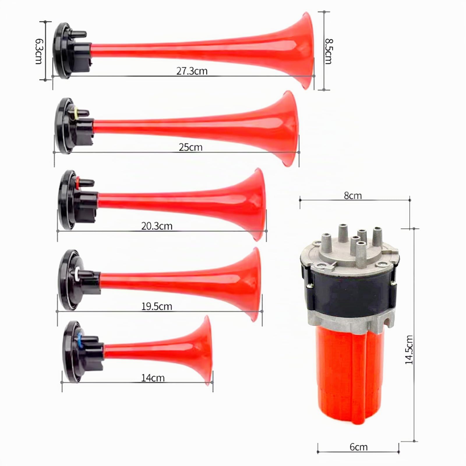 Klaxon à air trompette Klaxon de voiture 12V Air Horn Trompette musicale 165db Corne d'alarme Cinq tubes Dixie rouge étanche avec pompe à air haut-parleur Car Horn pour 12V bateau camion etc