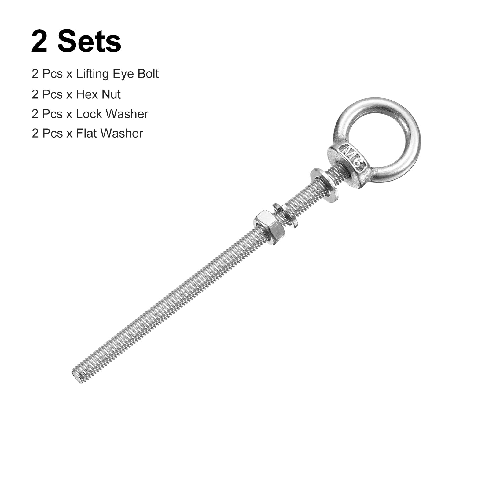 Sourcing Map Œil Boulon de Levage M6x120mm - 2 Ensembles Avec Écrou et Rondelle - 304 Inox Acier Épaulement Anneau Pour Accrochage Article