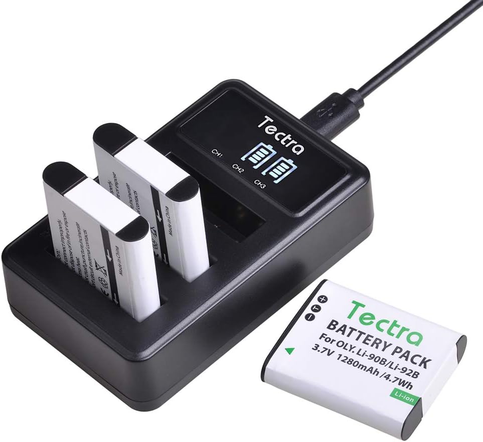 Tectra 3-Pack Li-90B Li-92B DB-110 Battery + Charger for Olympus Tough TG-7, TG-6, TG-5, TG-Tracker, SH-1, SH-2, TG-1 iHS, TG-3, TG-4 and for Ricoh GR III, GR IIIx, WG-6, G900, G900 II, G900SE II