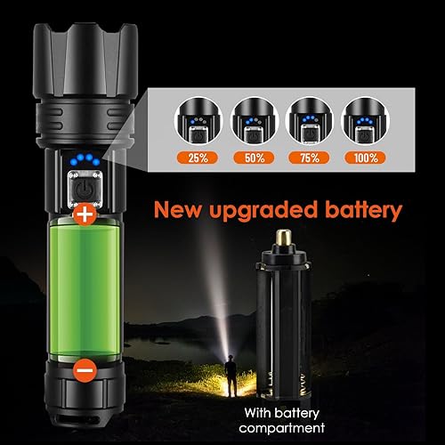 Miniatura 4 de ustopfire Linterna LED recargable de alto lúmenes, 250000 lúmenes, linterna táctica súper brillante con 5 modos, IPX5 impermeable, luz de flash de