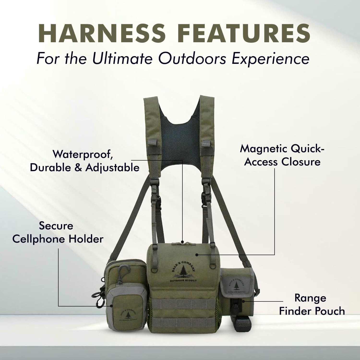 Dale & Company Binocular Harness for Hunting – Bino Harness System with Rangefinder Pouch & Phone Holder – Magnetic Cordura Chest Pack – Fits 10x42–12x50 – Recon Pro Backcountry Hunting Gear