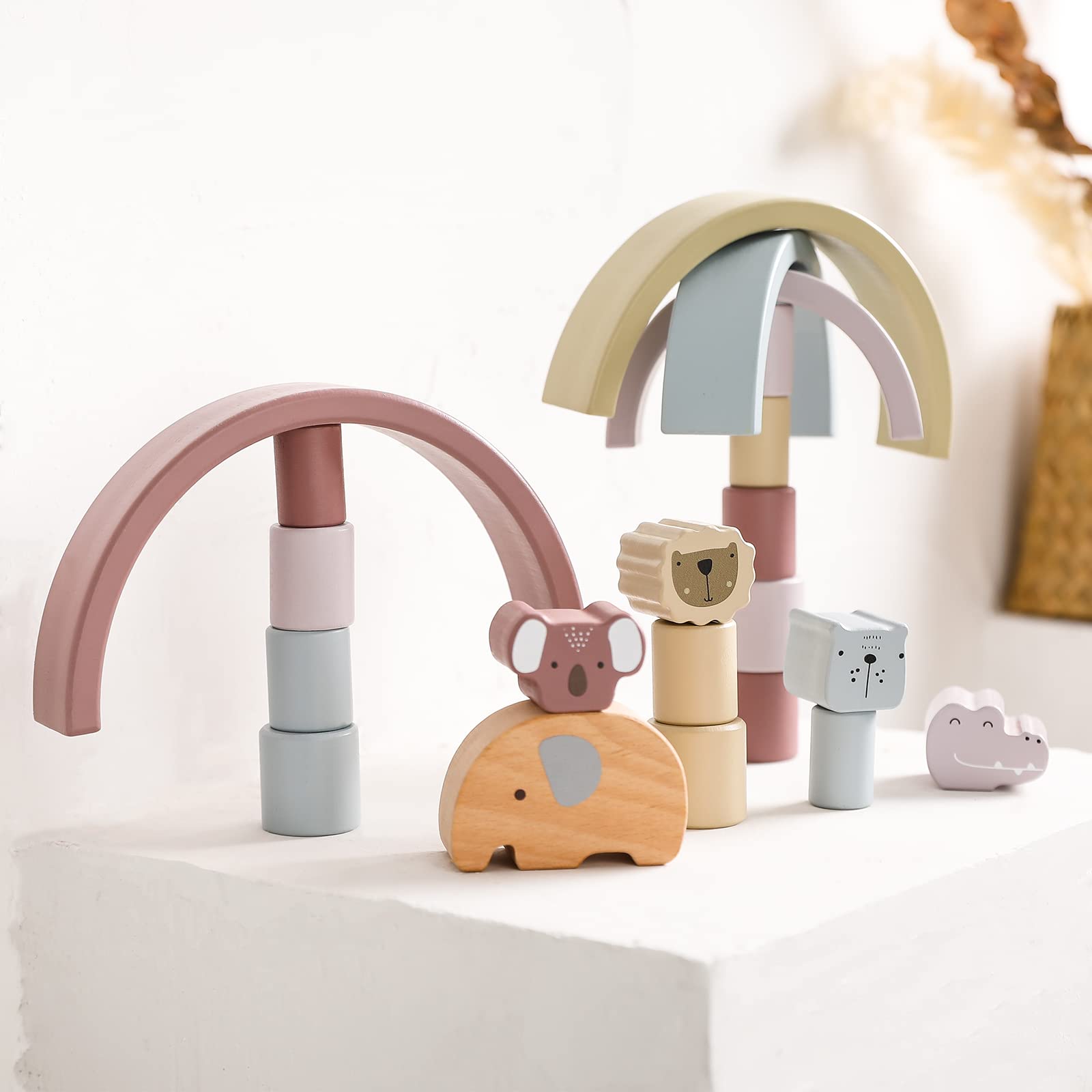 Wooden Stacking Toys for Toddlers with Wooden Rainbow Stacking Toy , Animal Stacking Balancing Blocks Montessori Building Blocks for Preschool Kids Stacking Skill Developing Intelligence Play Kits