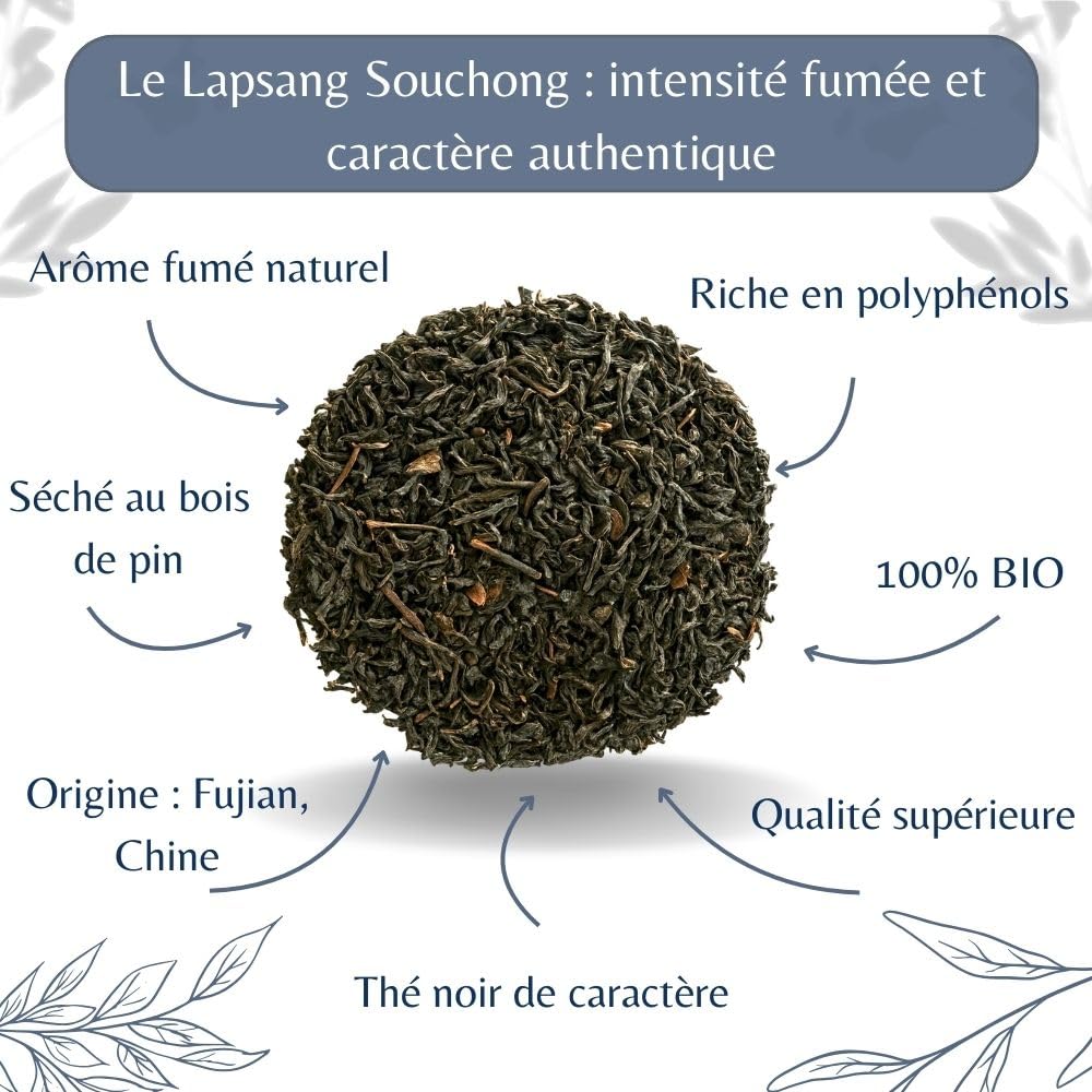 Thé Fumé Lapsang Souchong Bio - Thé Noir Vegan en Vrac, 100% Naturel, Sans OGM - Agriculture Biologique - Conditionné en France - Sachet 1 kg (500 Tasses)