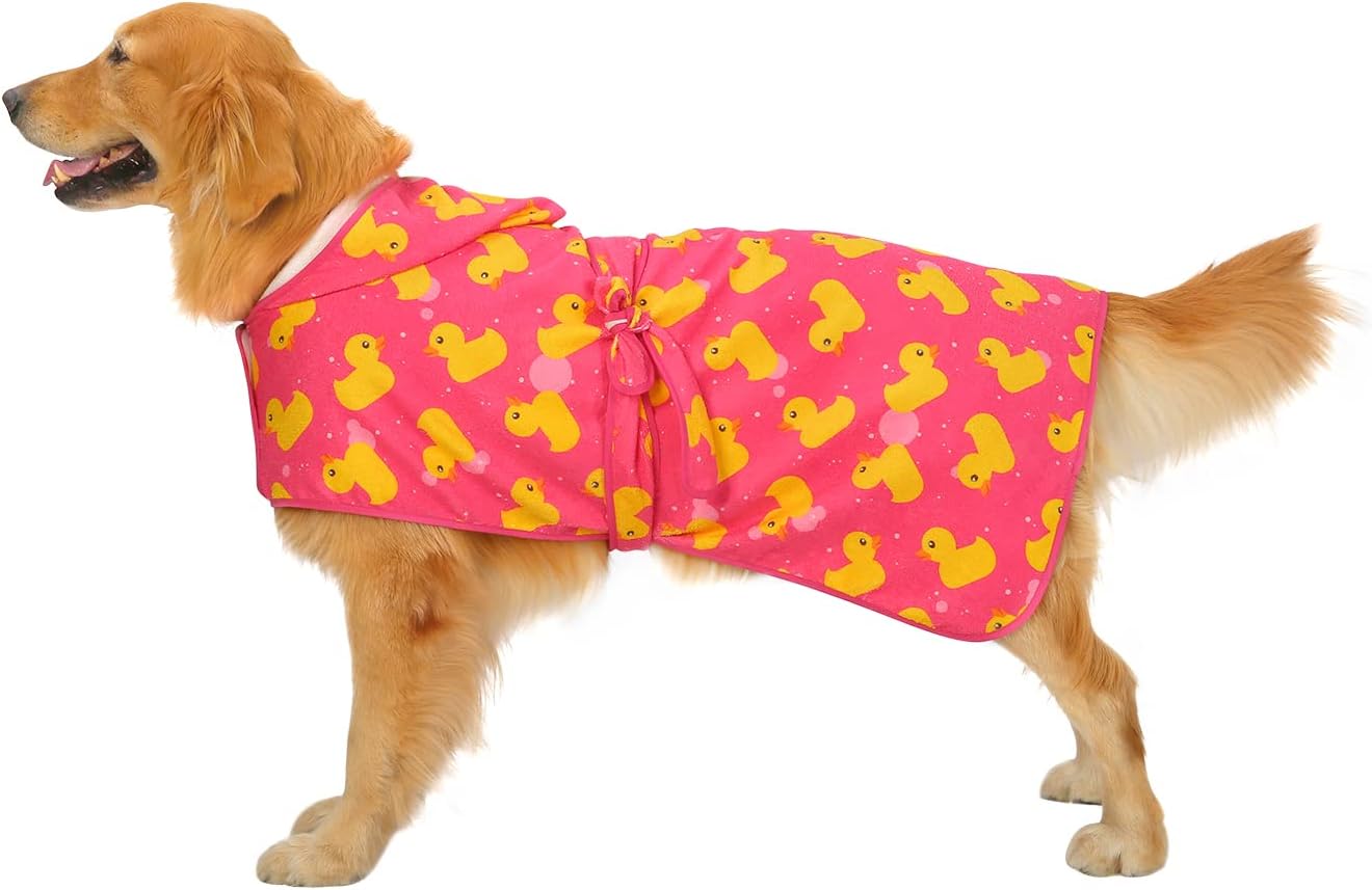HDE Hooded Dog Bathrobe Quick Dry Towel Wrap for After Bath Pink Duck XXL image 3