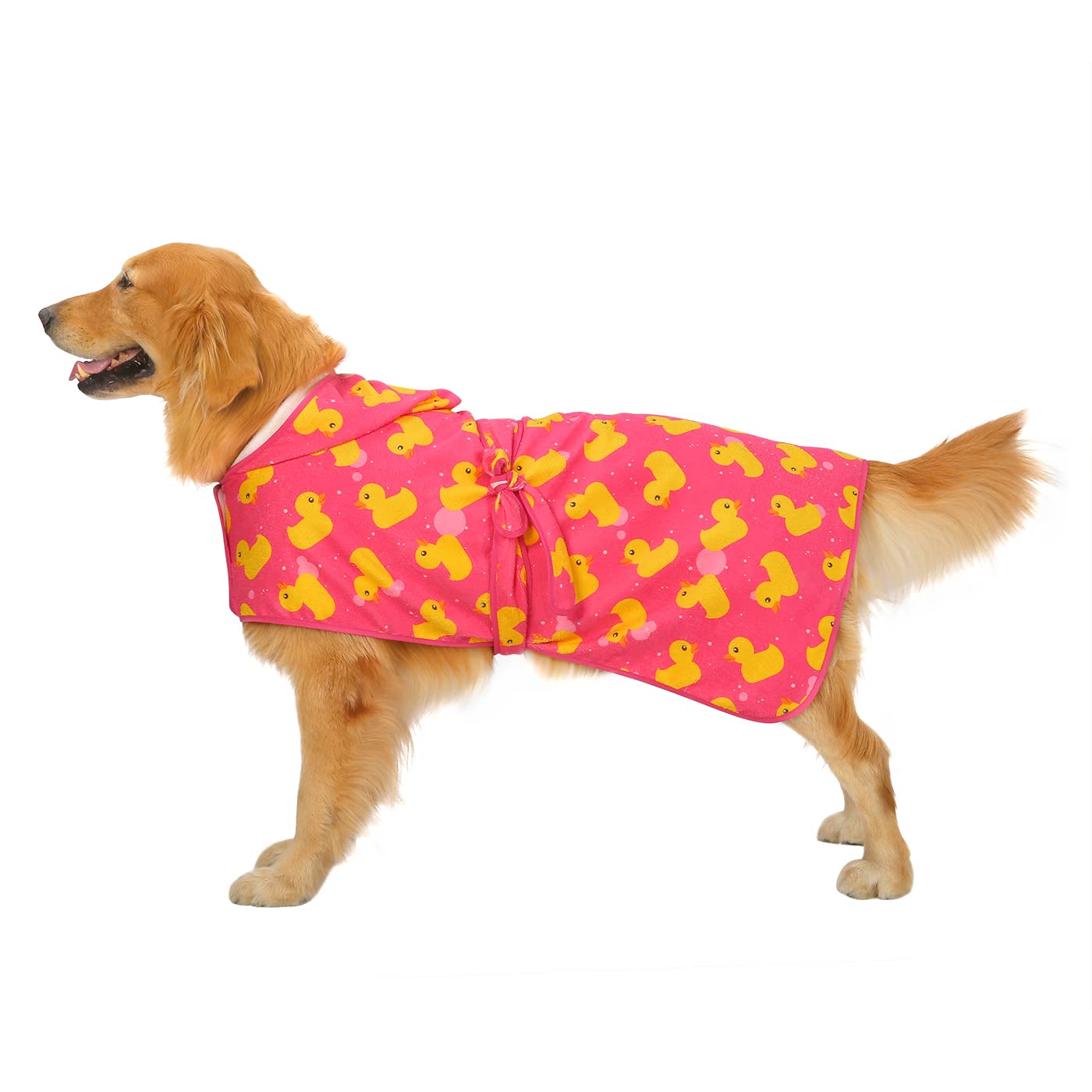 HDE Peignoir de Bain pour Chien Super Absorbant avec Capuche pour Grands Chiens, Canards en Caoutchouc Rose, Taille XL