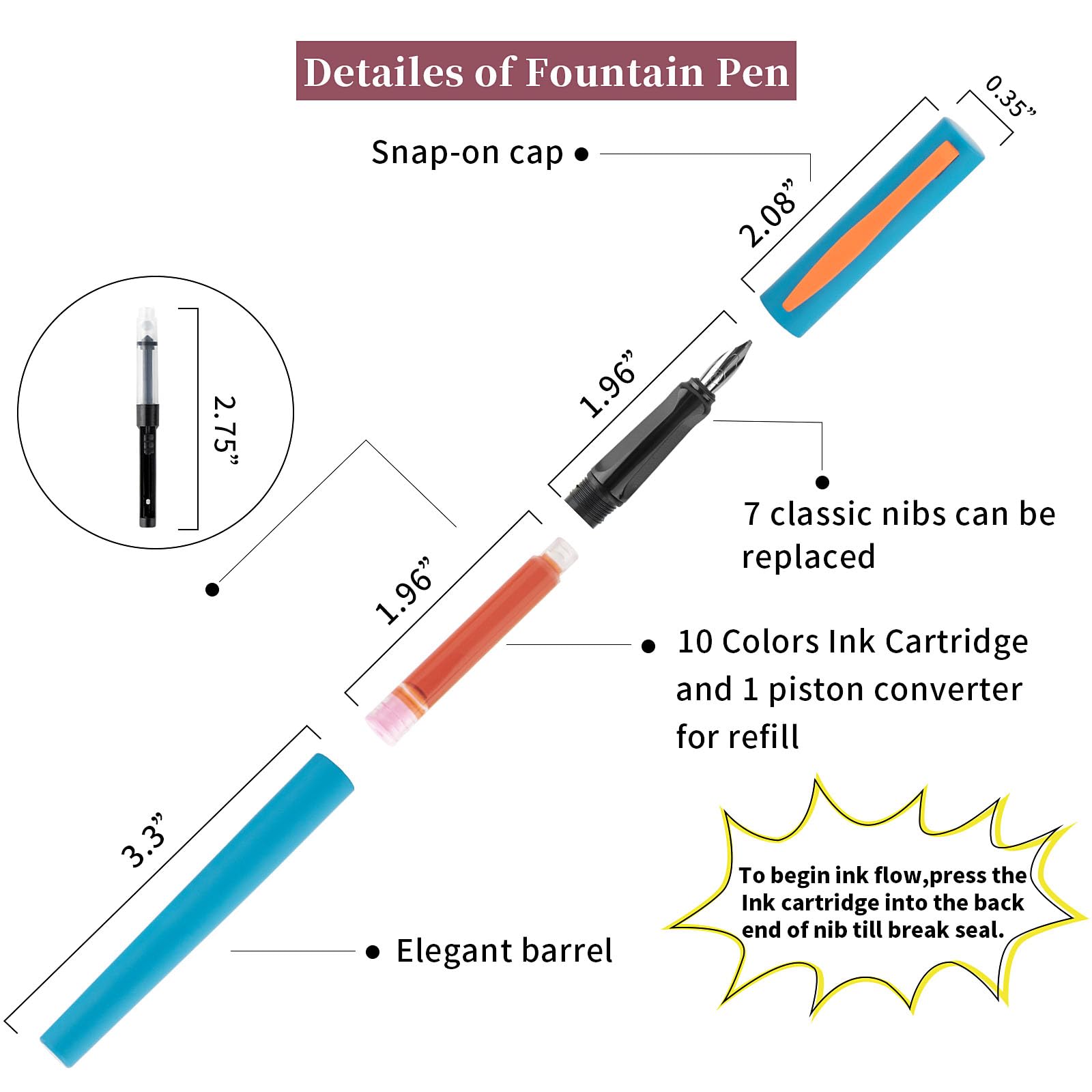 Lot de stylos de calligraphie, 7 pointes interchangeables, 60 cartouches d'encre (12 couleurs) – Stylos plume pour débutants, écriture, dessin, cartes de vœux et signatures de mariage