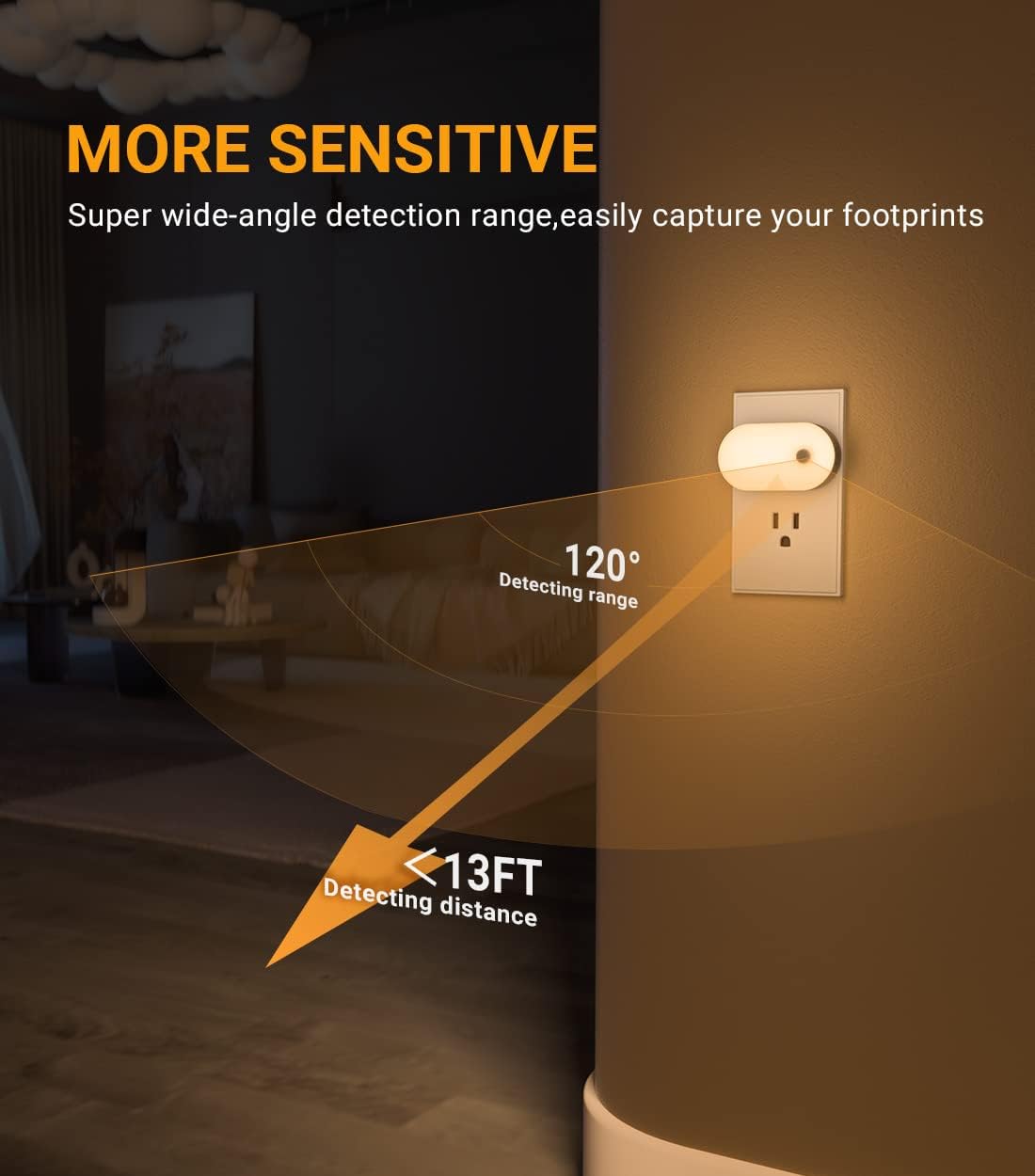 Diagram illustrating the 120-degree detection angle and 13-foot detection distance of the motion sensor.