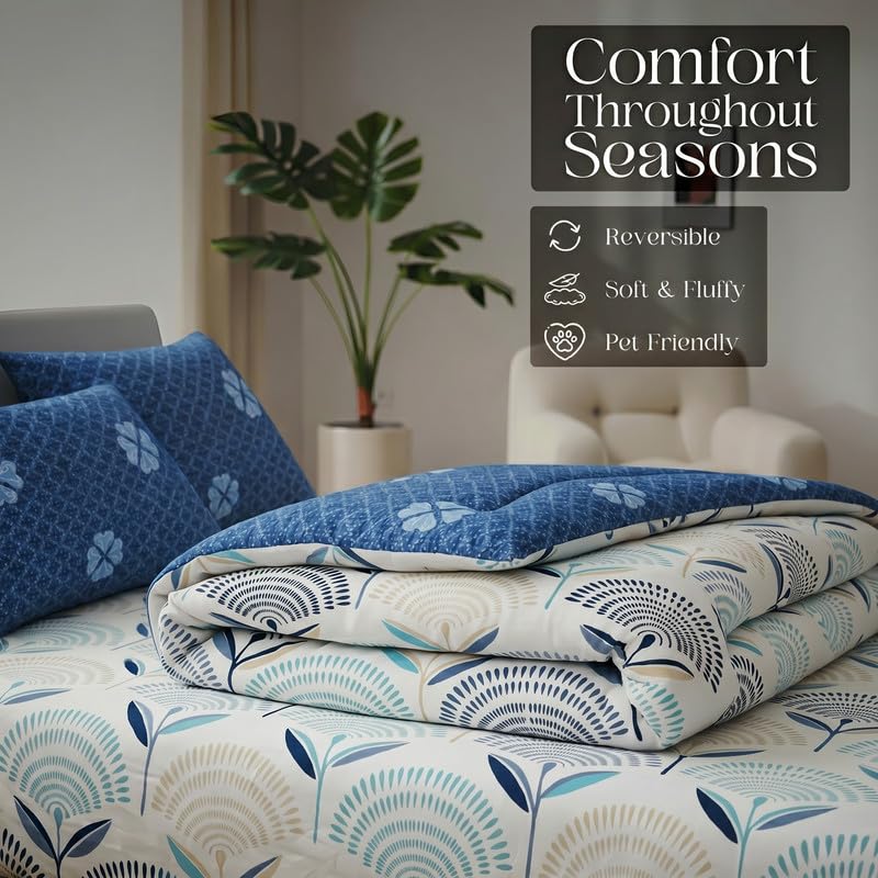 Image of Utopia Bedding Microfiber AC Comforter for King Size 220x240 cm - Lightweight, Skin-Safe & Hotel-Style Quilted Blanket with Floral Print Blue