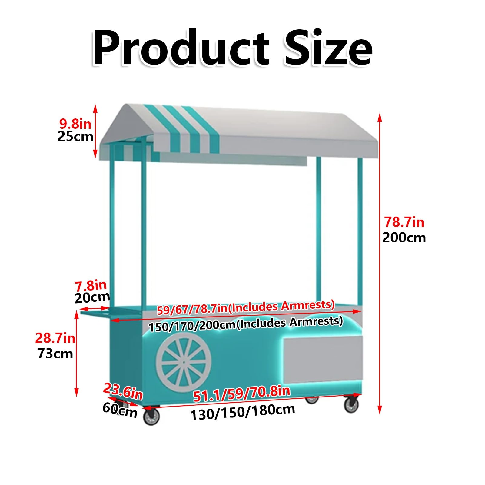 Móvil de Venta Ambulante de Comida,Carrito de Comida Callejero,Acabado Pintado,para Tiendas minoristas en Calles(Rosso,200cm/78.7in)