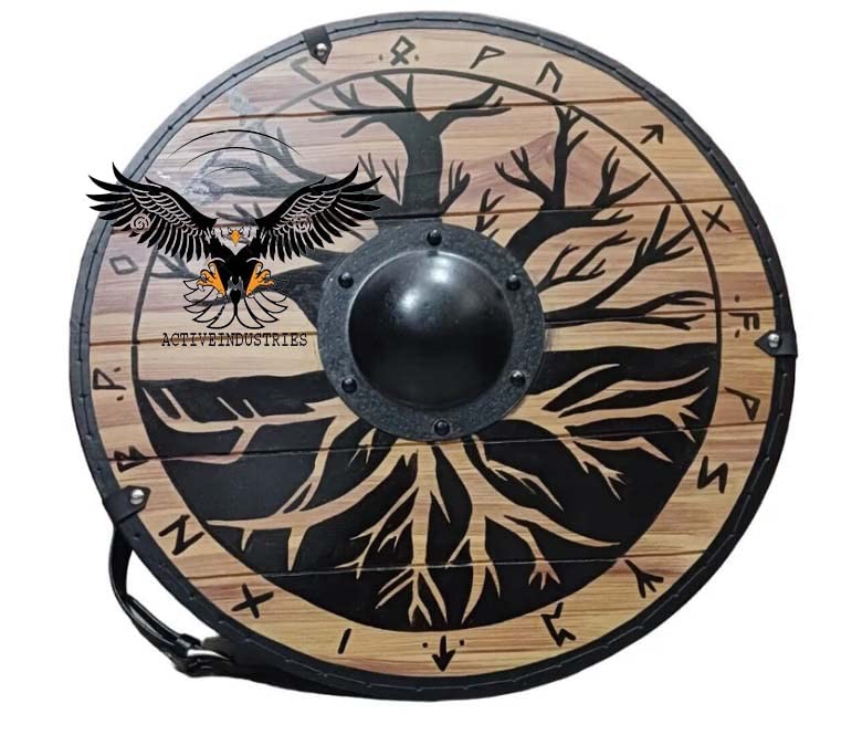 Bouclier viking médiéval rond en bois de 61 cm en forme d'arbre prêt pour la bataille, bouclier décoratif pour la maison