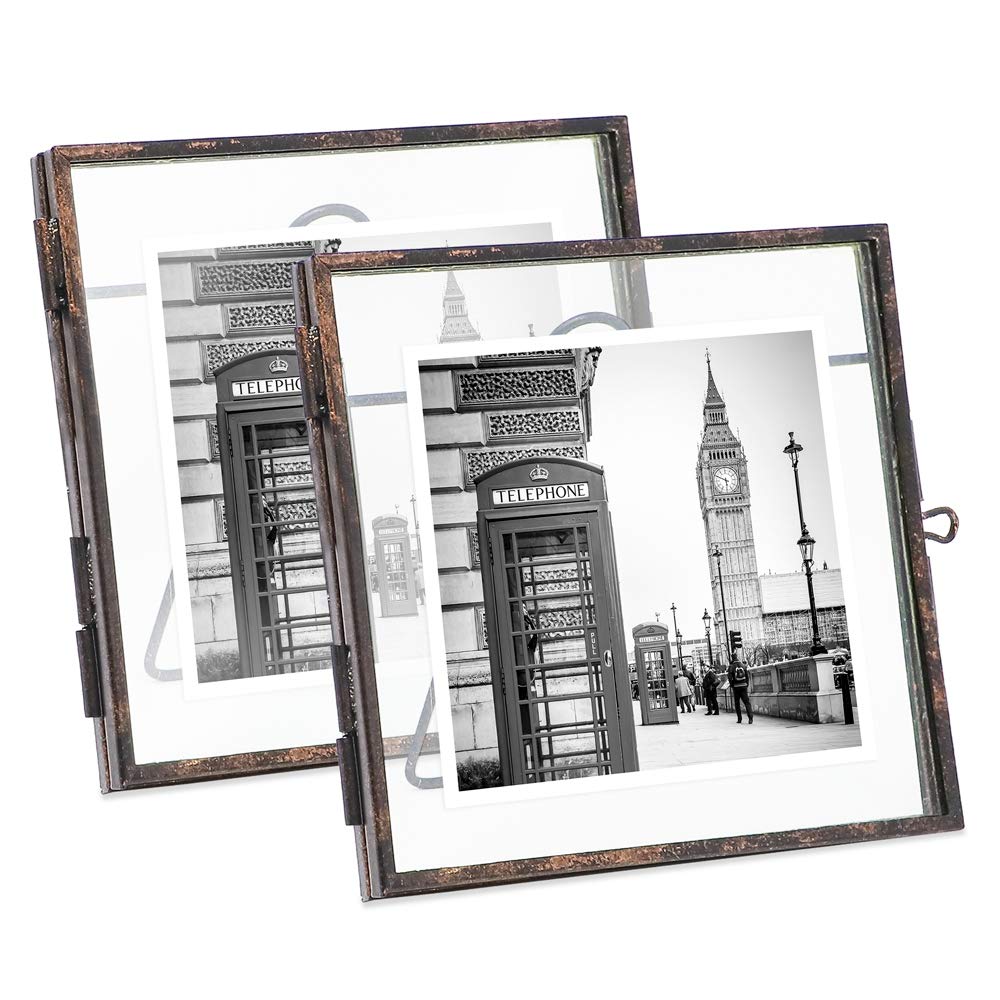 Isaac JacobsIsaac Jacobs 4x4 (2-Pack), Antique Bronze, Vintage Style Brass and Glass, Metal Floating Picture Frame with Locket Closure, for Photos, Art, & More, Tabletop Display (4x4 Antique Bronze)