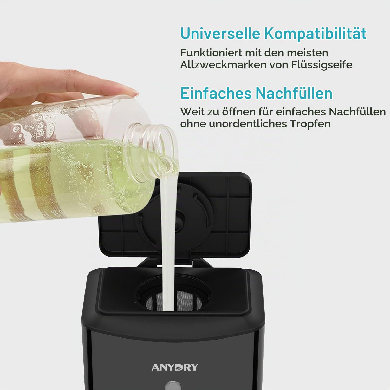 anydry AD1206 Kommerzielle Wandhalterung Automatischer Flüssigseifenspender Edelstahl-Finish 1100ml Großes Fassungsvermögen (Matt Schwarz)